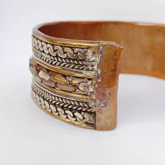 Vintage Boho Copper Mixed Metal Cuff Bracelet 1970s Ethnic Revival Jewelry - Picture 6 of 11